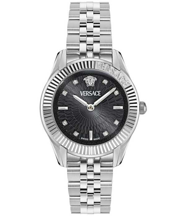 ヴェルサーチ レディース アクセサリー 腕時計 Tシャツ Versace Women's Greca Time Diamond Quartz Analog Stainlessteel Bracelet Watch Silver/Black ブラック