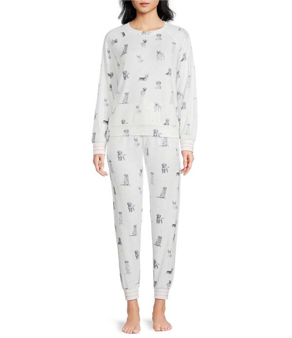 ピージェイサルベージ レディース アンダーウェア ナイトウェア クルーネック プリント ニット Pj Salvage Long Sleeve Crew Neck Heart Dog Print Peachy Knit Valentine's Day Pajama Set Ivory アイボリー
