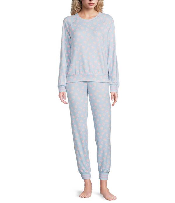 ピージェイサルベージ レディース アンダーウェア ナイトウェア クルーネック プリント ニット PJ Salvage Long Sleeve Crew Neck Heart Candy Print Long Peachy Knit Valentine's Day Pajama Set Blue Haze ブルー