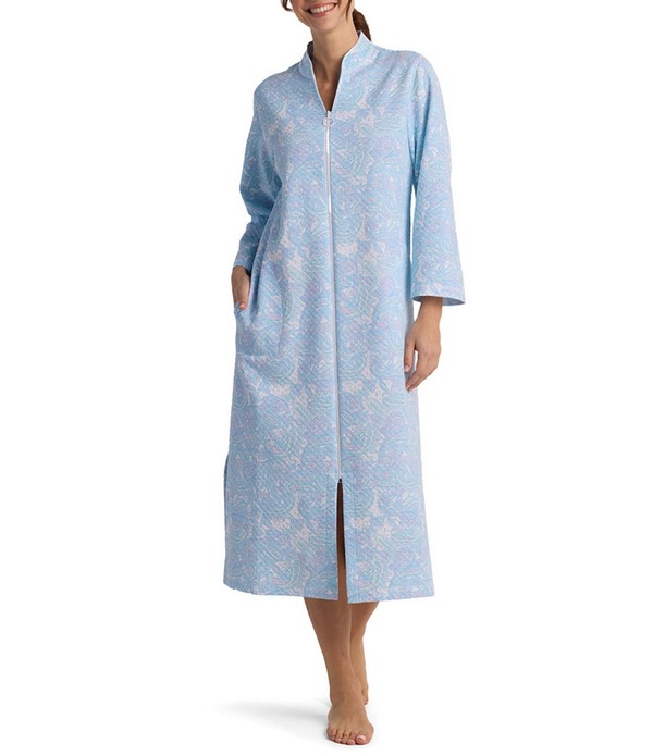 ミス エレーン レディース アンダーウェア ナイトウェア Vネック プリント ニット Miss Elaine Quilt In Knit 3/4 Sleeve V-Neck Paisley Print Zip-Front Long Robe Blue Paisley ブルー
