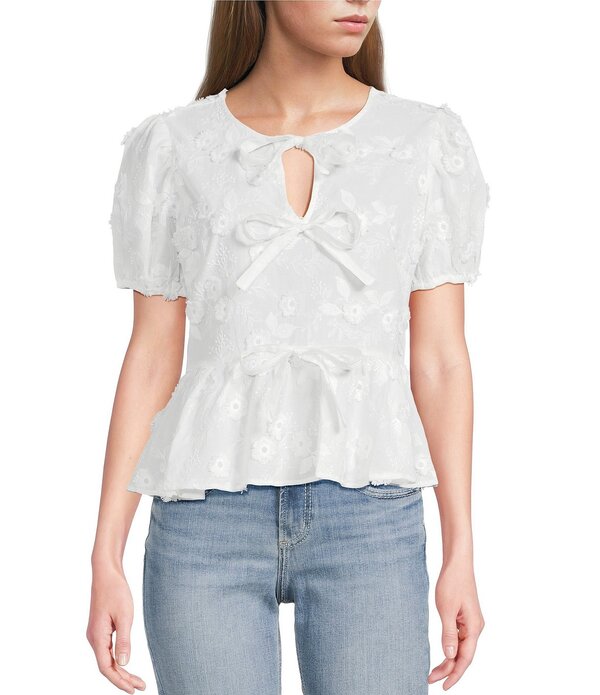 ブルーペッペーブルーペッパー レディース トップス シャツ フラワー柄 フラワー Blu Pepper Floral Embordered Short Puff Sleeve Tie Frontop White ホワイト｜ReVida 店