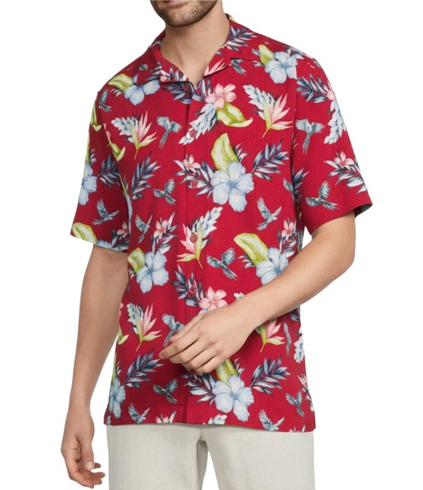 カリビアン メンズ トップス シャツ プリント Caribbean Tropical Bird Printed Short Sleeve Woven Shirt Berry Red レッド