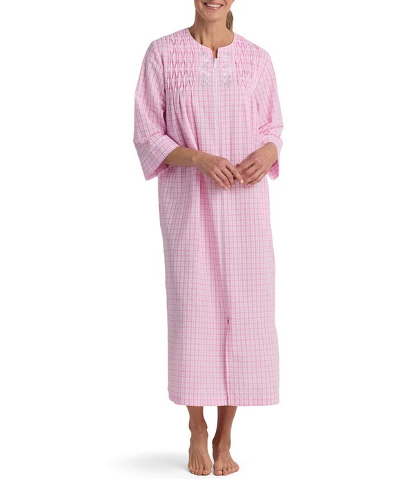 ミス エレーン レディース アンダーウェア ナイトウェア プチ プリント Miss Elaine Petite Size Seersucker Long Check Print Zip-Front Robe Pink/White Check ホワイト