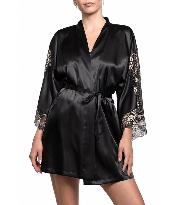 インブルーム レディース アンダーウェア ナイトウェア サテン レース In Bloom by Jonquil Satin & Lace 3/4 Sleeve Shawl Collar Coordinating Short Wrap Robe Black ブラック