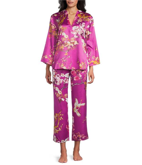 ナトリ レディース アンダーウェア ナイトウェア フラワー柄 プリント サテン フラワー N by Natori Sakura Satin Floral Print Long Sleeve Mandarin Collar Long Pajama Set Magenta マゼンタ