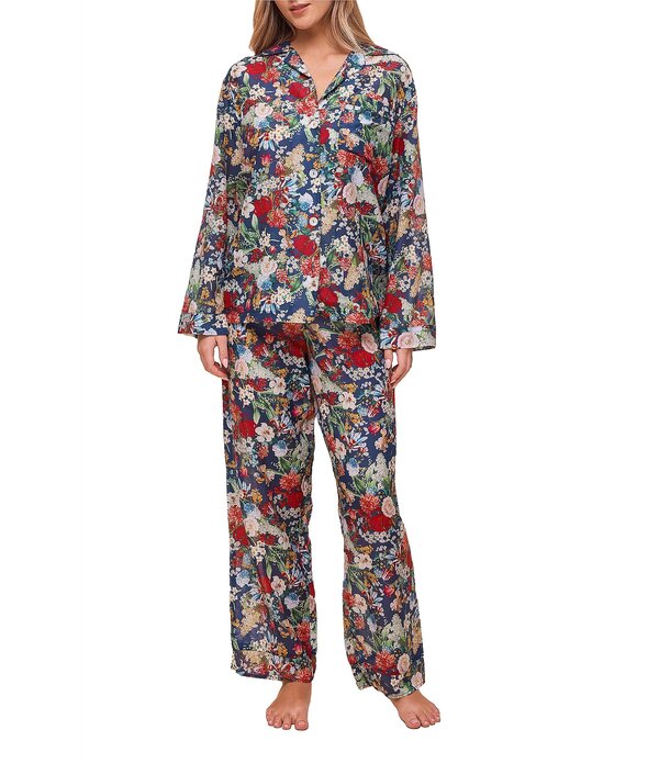 パピネール レディース アンダーウェア ナイトウェア フラワー柄 プリント コットン フラワー Papinelle Holly Floral Print Long Sleeve Notch Collar Long Lightweight Cotton Voile Pajama Set Navy ネイビー