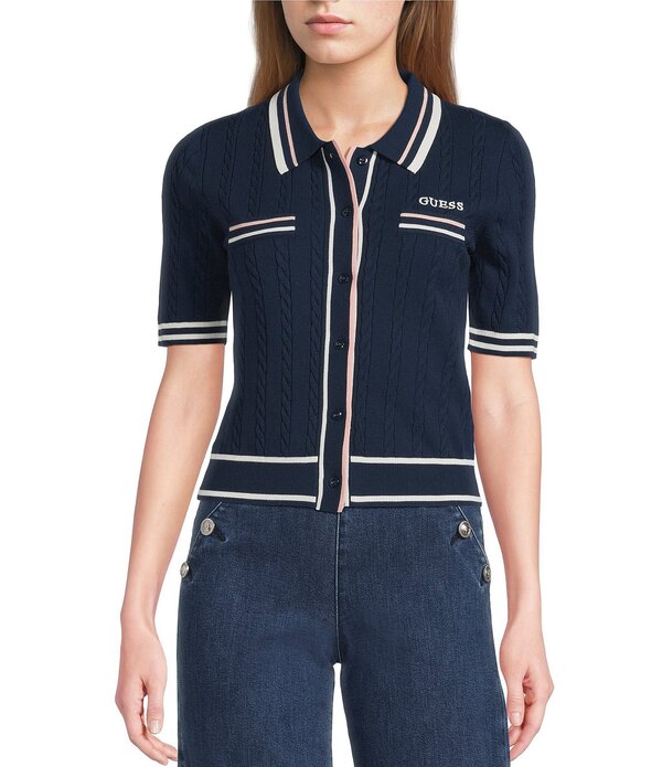ゲス レディース アウター ニット・セーター Guesshari Short Sleeve Knitop Silk Blue ブルー｜ReVida 店