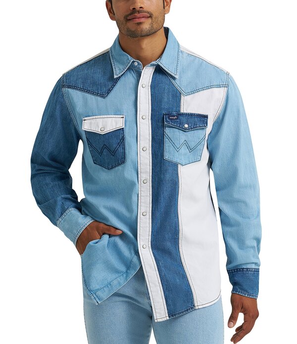 ラングラー メンズ トップス シャツ デニム WranglerR Long Sleeve Color Block Denim Western Shirt Indigo インディゴ