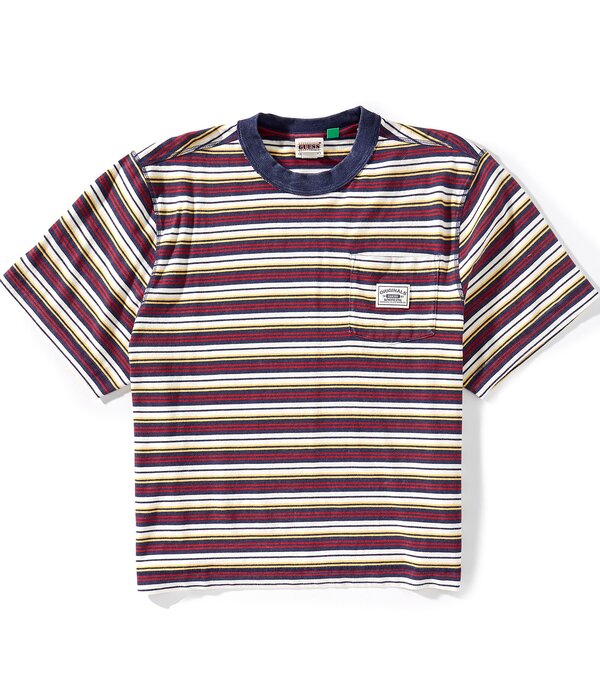 ゲス メンズ トップス シャツ クロップド ロゴ グラフィック Guess Boxy Fit Cropped Striped Graphic Logo Short Sleeve T-Shirt Sandy Shore Multi マルチカラー