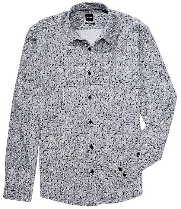 ヒューゴボス メンズ トップス プルオーバー か細い相応う 刷り上げる Hugo Boss Slim Fit Roan Kent Allover Print Long Sleeve Woven Shirt Dark Blue 青色 メンズファッション-カジュアルシャツ