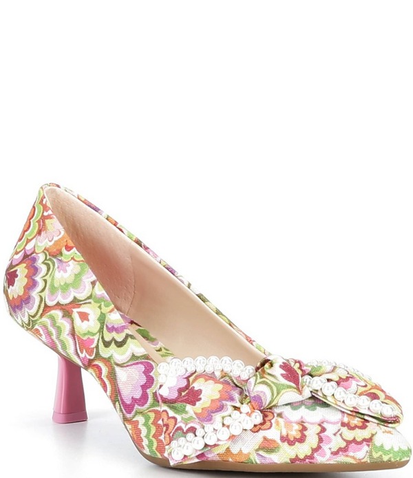 アレックスマリー レディース シューズ ヒール プリント Alex Marie Iris Three Multi Print Pearl Embellished Bow Kitten Heel Pumps Orange/Multi オレンジ