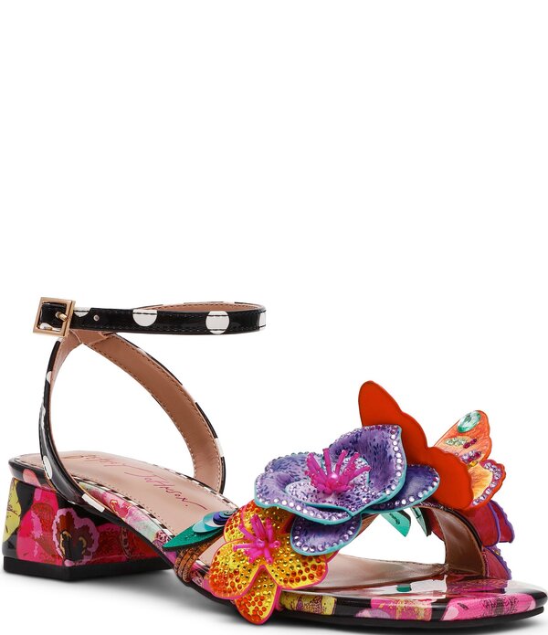 ベッツィジョンソン レディース シューズ 踵 一回り衣装 御花柄 サンダル アンクル 御花 Betsey Johnson Maranda Beaded Floral and Butterfly Ornament Ankle Wrap Dressandals Black/Multi 黒いこと