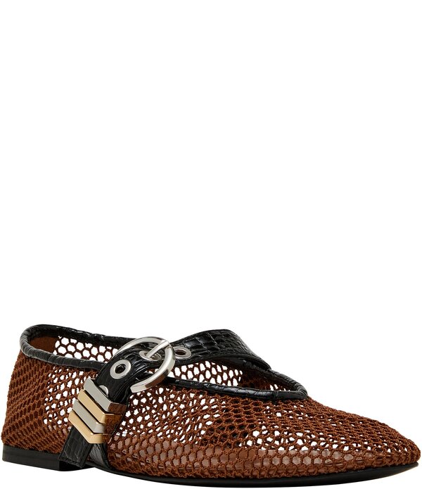 スティーブ マデン レディース シューズ パンプス メッシュ Steve Madden Lucia Mesh Buckle Hardware Croco Accent Mary Jane Ballet Flats Cognac/Blue 青み
