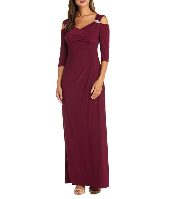 アールアンドエムリチャーズ レディース トップス ワンピース サイドスリット R & M Richards 3/4 Sleeve Sweetheart Neck Cold Shoulder Side Slit Dress Merlot