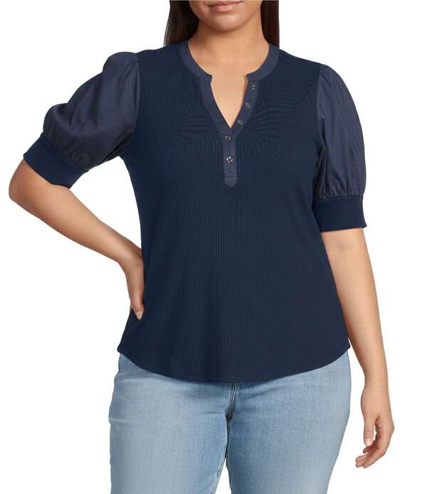 シュガーリップス レディース トップス シャツ プラスサイズ リブ Sugarlips Plusize Poplin-Sleeve Ribbed Top Navy ネイビー