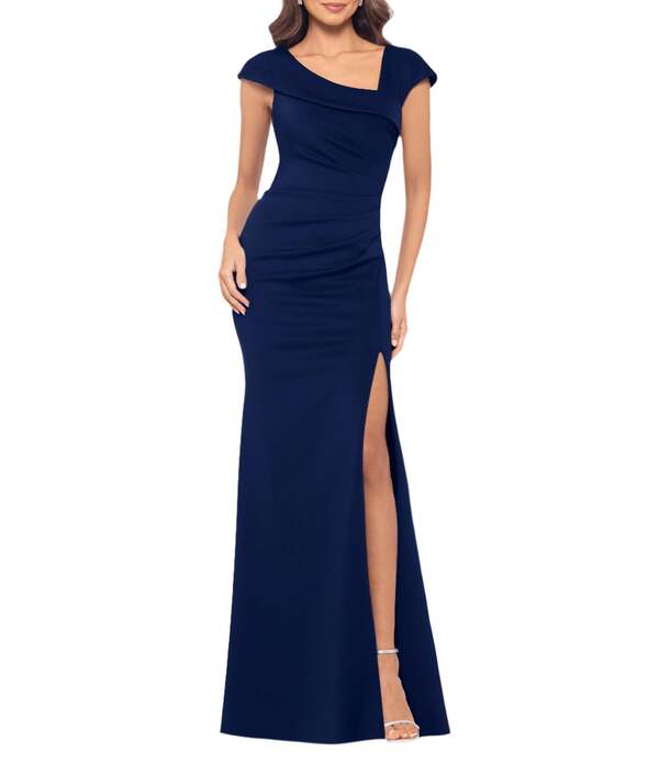 エスケープ レディース トップス ワンピース クレープ アシンメトリー ギャザー スキューバ キャップ Xscape Asymmetrical Neckline Cap Sleeve Ruched Scuba Crepe Sheath Gown Midnight