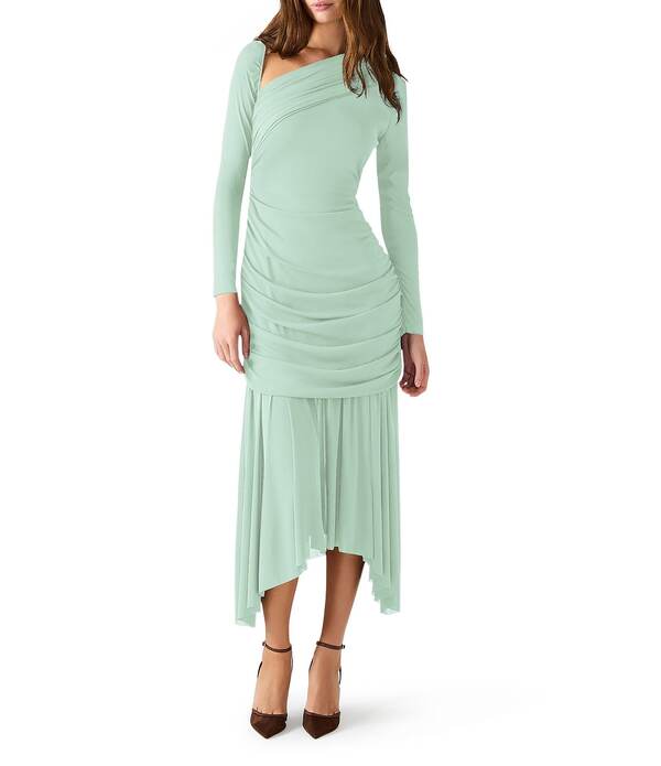 スティーブ マデン レディース トップス ワンピース アシンメトリー メッシュ ミディ Steve Madden Brioni Asymmetrical Neck Long Sleeve Mesh Midi Dress Dusty Teal ティール|ReVida 店