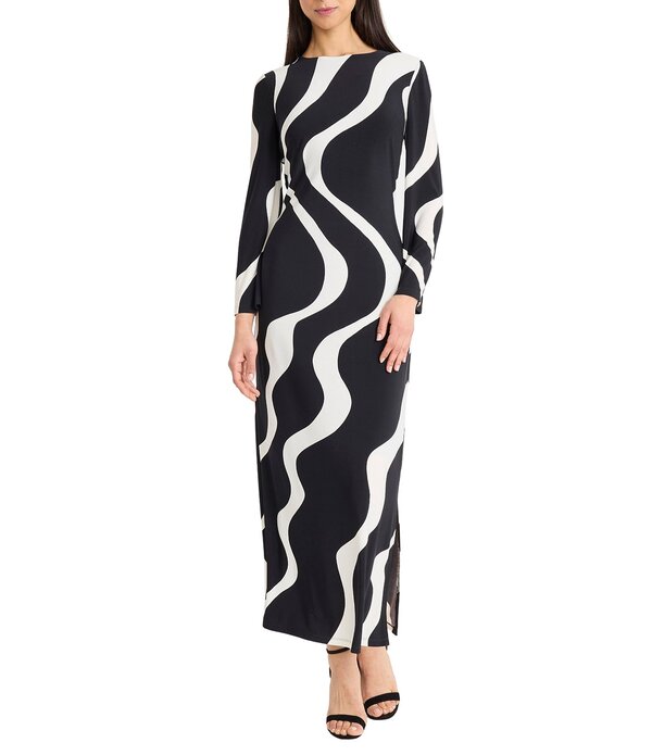 ドナモーガン レディース トップス ワンピース クルーネック プリント ジャージー マキシ Donna Morgan Matte Jersey Wavy Print Crew Neck Long Sleeve Sheath Maxi Dress Black/Ivory アイボリー