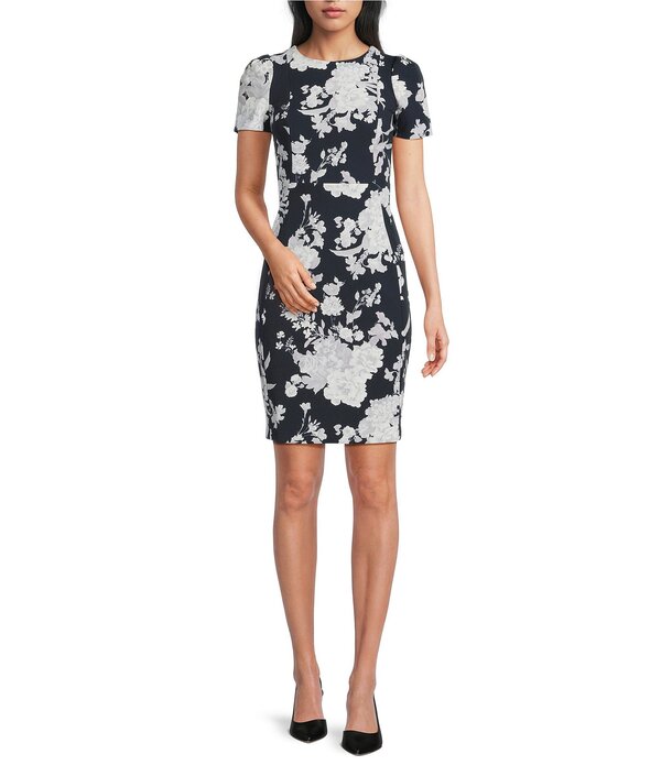 カルバンクライン レディース トップス 衣装 クルーネックレープ お花柄 刷り上げる アクアラング お花 Calvin Klein Floral Print Scuba Crepe Crew Neck Short Sleeve Dress Indigo Multi インディゴ レディースファッション-ワンピース