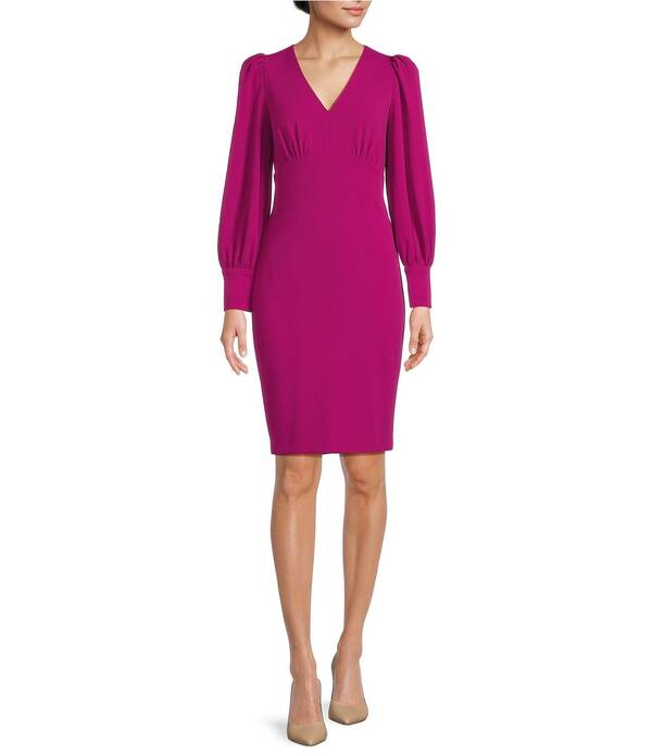 カルバンクライン レディース トップス ワンピース Vネックレープ バルーンスリーブ スキューバ Calvin Klein Scuba Crepe V-Neck Long Balloon Sleeve Sheath Dress Boysenberry｜ReVida 店 17,140円