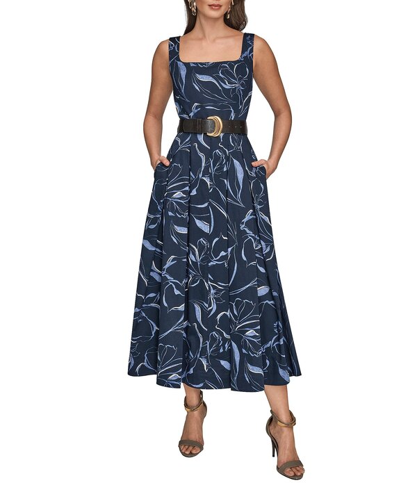 ダナキャラン レディース トップス ワンピース フラワー柄 プリント Tシャツ ノースリーブ コットン フラワー Donna Karan Floral Print Cotton Sateen Square Neck Sleeveless Beltedress Nightfall Multi マルチカラー 36,270円