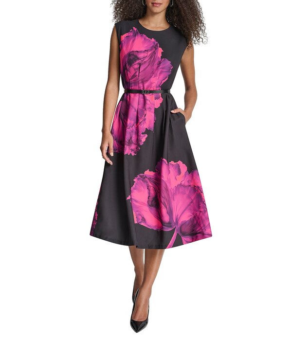 ダナキャラン レディース トップス ワンピース フラワー柄 プリント ミディ ノースリーブ フラワー DKNY by Donna Karan Floral Print Salon Stretch Sleeveless Belted Fit And Flare Midi Dress Rose Violet バイオレット