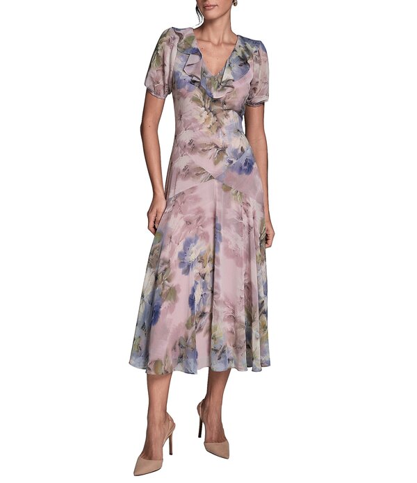 ビーシビージー レディース トップス ワンピース シフォン フラワー柄 プリント ミディ フラワー BCBG Chiffon Floral Print Short Puff Sleeve Sheath Midi Dress Lilac Multi ライラック｜ReVida 店