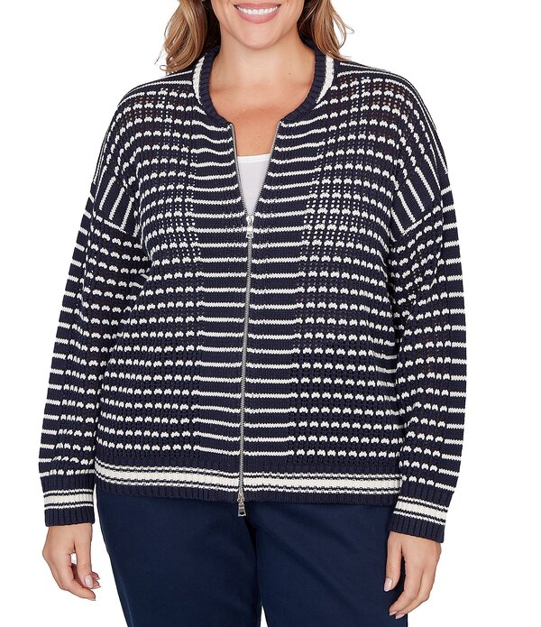 ルビーアールディー レディース アウター ニット・セーター プラスサイズ リブ メッシュ Ruby Rd. Plusize Striped Ribbed Long Sleeve Mesh Zip-Up Sweater Navy ネイビー