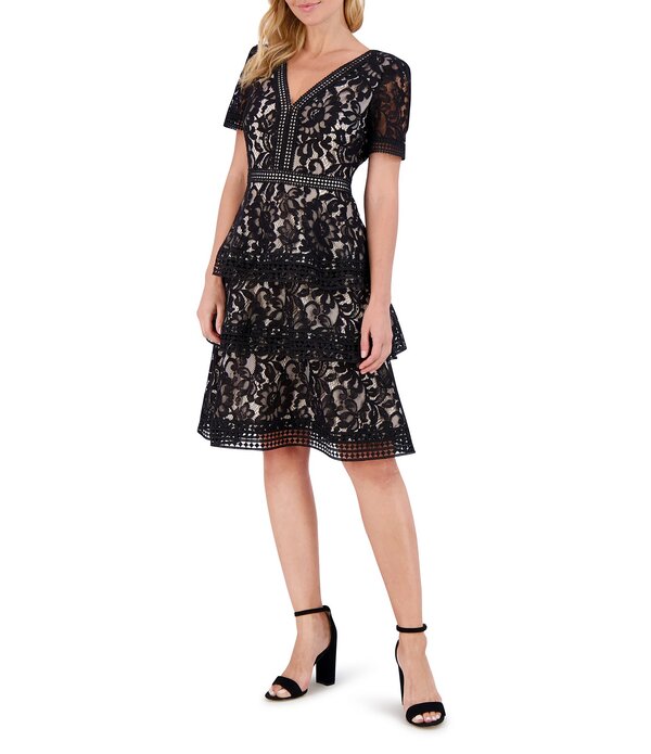 エリザジェイ レディース トップス ワンピース ティアード フリル ミニ レース Eliza J Short Sleeve Ruffle Tiered Lace Mini Dress Black ブラック｜ReVida 店