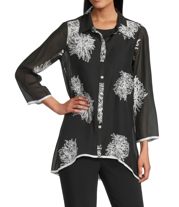 マルチプルズ レディース トップス シャツ プチ シアー Multiples Petite Size Crinkle Sheer All-Over Embroidery Point Collar 3/4 Sleeve Button-Front Shirt Black ブラック
