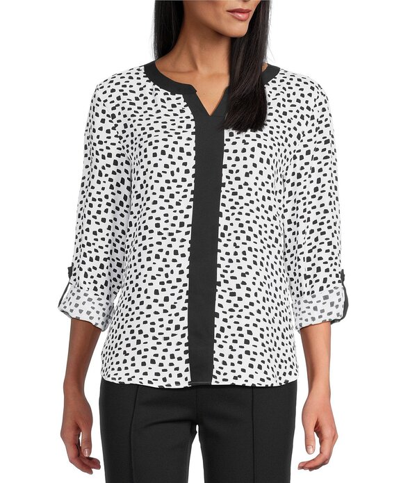 マルチプルズ レディース トップス シャツ Vネック プチ Multiples Petite Size Woven Dotted Split Round Band V-Neck Long Roll-Tab Sleeve Top Black/White Print ホワイト