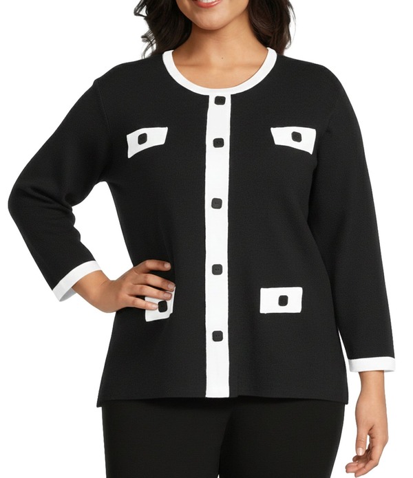 マルチプルズ レディース アウター ニット・セーター プラスサイズ Multiples Plusize Wide Neck 3/4 Sleeve Sweater Knitop Black ブラック