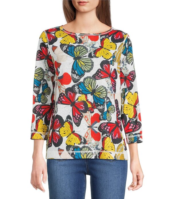 アリ マイルス レディース トップス カットソー プチ Ali Miles Petite Size All-Over Butterfly Round Neck 3/4 Sleeve Tunic Multi Animal マルチカラー