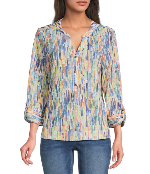 アリ マイルス レディース トップス カットソー Vネック プチ プリント Ali Miles Petite Size Abstract Print Split V-Neck 3/4 Roll-Tab Sleeve Tunic Multi マルチカラー