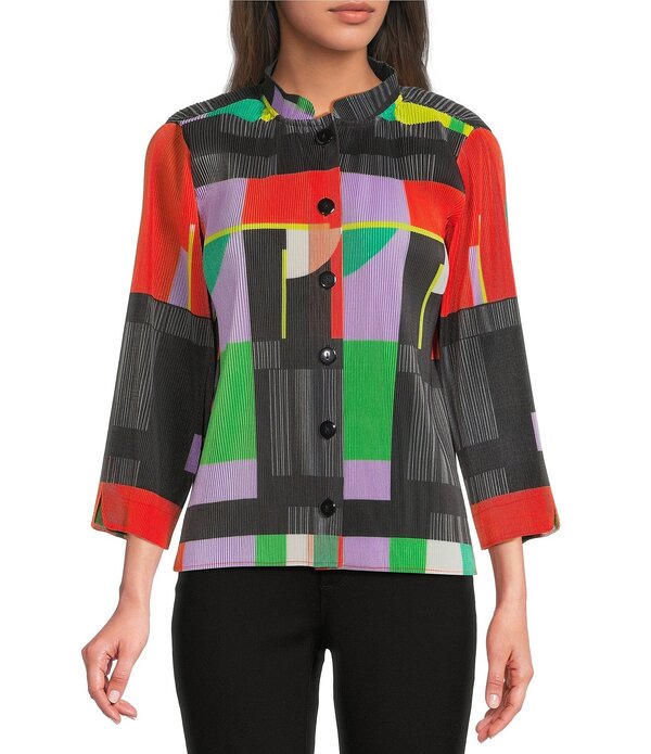 アリ マイルス レディース トップス シャツ プチ プリーツ プリント Ali Miles Petite Size Crinkle Pleated Textured Geo Multi Print Stand Collar 3/4 Sleeve Button-Front Shirt Geo Multi マルチカラー