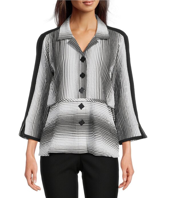 アリ マイルス レディース トップス シャツ プチ Ali Miles Petite Size Textured Yarn-Dyed Ombre Stripe Point Collar 3/4 Sleeve Button Frontunic Black/White Print ホワイト
