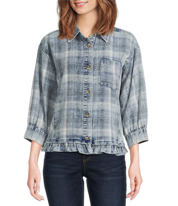 アリ マイルス レディース トップス シャツ プチ フリル Ali Miles Petite Size Yarn-Dyed Plaid Point Collar 3/4 Cuff Sleeve Ruffled Hem Button-Front Shirt Light Denim デニム
