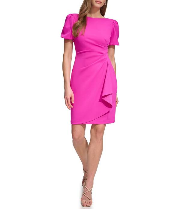 ダナキャラン レディース トップス 衣装 縮緬 ギャザー アクアラング DKNY by Donna Karan Scuba Crepe Short Bubble Sleeve Ruched Front Sheath Dress Power Pink サクラ色
