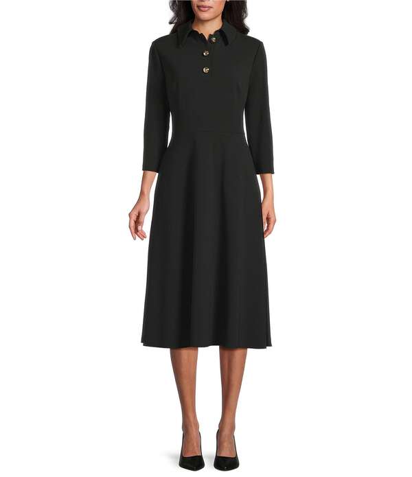 インベストメンツ レディース トップス ワンピース クレープ ミディ スキューバ Investmentscuba Crepe 3/4 Sleeve Point Collar Fit And Flare Midi Dress Black ブラック