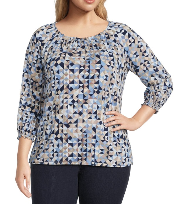 イントロ レディース トップス シャツ プラスサイズ プリント ブラウス ニット ジャージー Intro Plusize Knit Jersey Ink Geometric Print Scoop Neck 3/4 Sleeve Blouse Ink Geometric