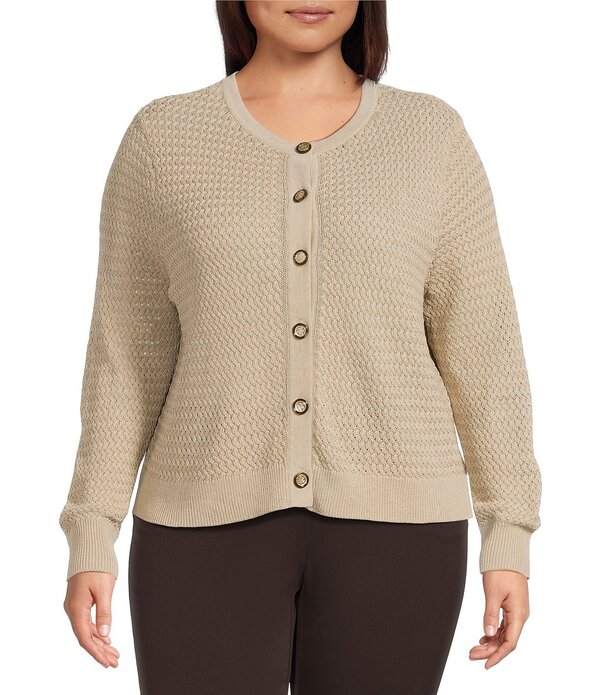 インベストメンツ レディース アウター ニット・セーター クルーネック プラスサイズ カーディガン Investments Plusize Charlotte Crew Neck Long Sleeve Button Front Cardigan Humus