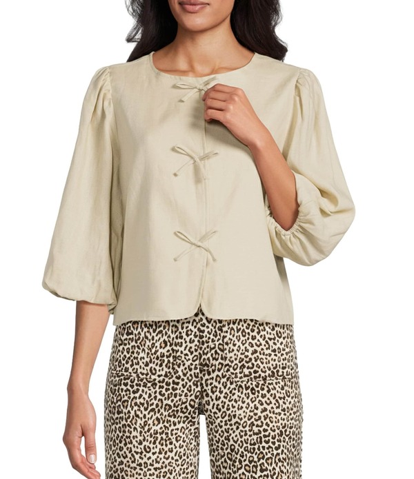 ジョン マーク レディース アウター コート ジャケット John Mark Round Neck 3/4 Bubble Sleeve Front Bow Ties Jacket Neutral｜ReVida 店 18,886円