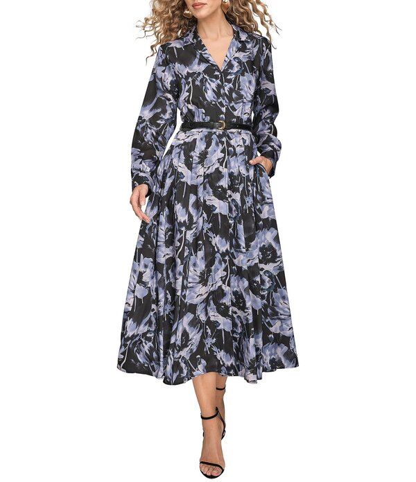 ダナキャラン レディース トップス 衣裳 お花柄 刷り上げる MIDI ティーシャツ お花 Donna Karan Floral Printed Twill Notch Collar Long Sleeve Belted Midi Shirt Dress Black/Tempest 黒いこと ワンピース-レディースファッション