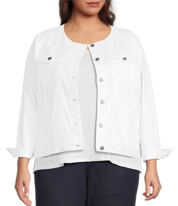 エイリーンフィッシャー レディース アウター コート プラスサイズ コットン デニム ジャケット Eileen Fisher Plusize Organicotton Blendenim Round Neck Long Sleeve Patch Pocket Jacket White ホワイト