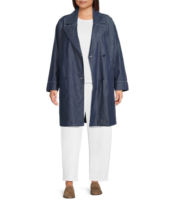 エイリーンフィッシャー レディース アウター コート プラスサイズ コットン デニム Eileen Fisher Plusize Organicotton Denim Notch Lapelong Sleeve Trench Coat Dark Indigo インディゴ
