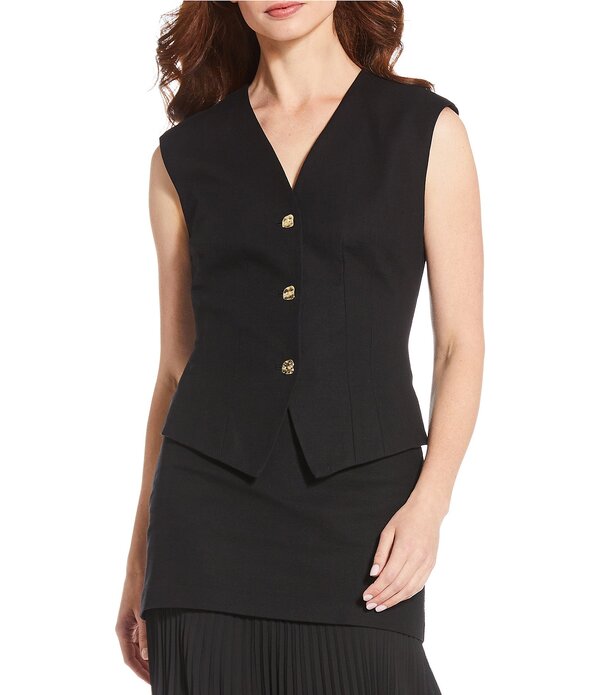 アントニオ メラーニ レディース アウター 限りない V素っ首 ノースリーブ リネン Antonio Melani Bae Linen Blend Gold Button V-Neck Sleeveless Vest Black 黒いこと