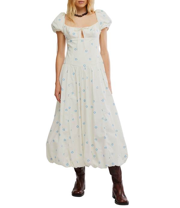 フリーピープル レディース トップス ワンピース 刺繍 マキシ Free People Bali Sprinkled Embroidered Heart Scoop Neck Short Puff Sleeve Drop-Waist Bubble Hemaxi Dress Tofu Combo｜ReVida 店