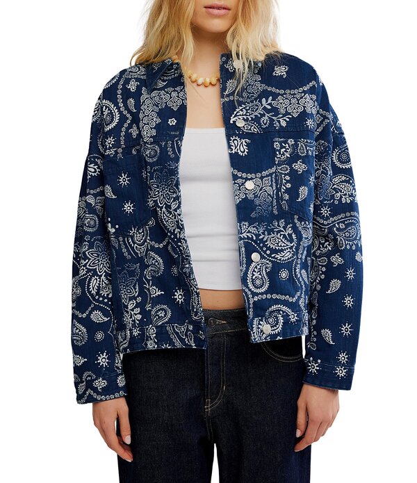 フリーピープル レディース アウター コート プリント デニム ジャケット Free People We The Free Opal Swing Bandana Print Collared Long Sleeve Denim Jacket Navy Combo - Bandana ネイビー