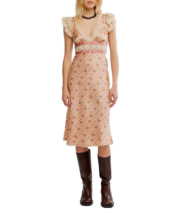 フリーピープル レディース トップス ワンピース Vネック フラワー柄 プリント ミディ キャップ レース フラワー Free People Bali Belle Floral Print Deep V-Neck Cap Sleeve Lace Detail Midi Dressoft Pink ピンク 57,800円