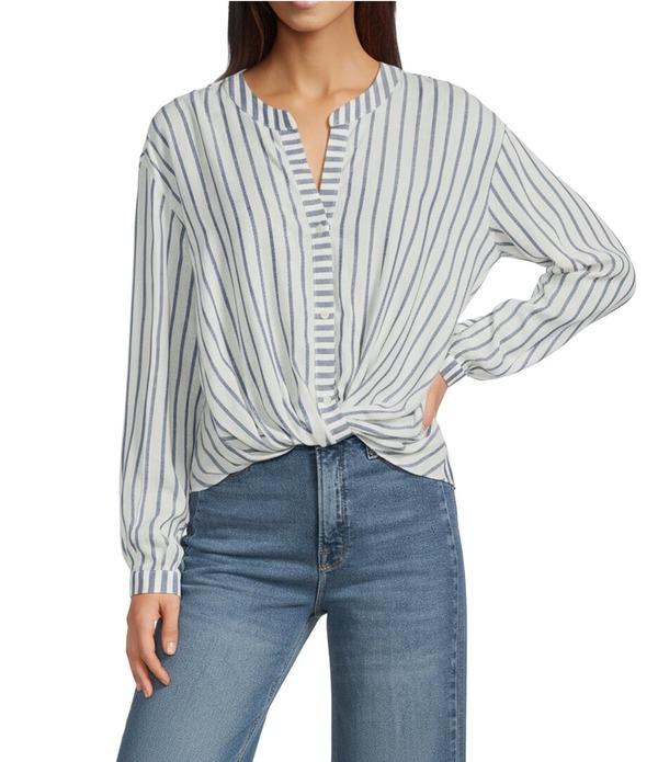 スカイズアブルー レディース トップス シャツ プリント Skies Are Blue Stripe Print Split V Neckline Long Sleeve Twist Frontop White-Navy ホワイト